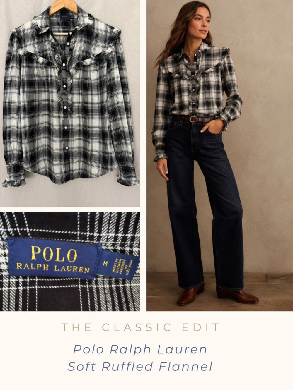 Polo Ralph Lauren Black & Cream Plaid Ruffled Blouse | Cozy | Fall | Western